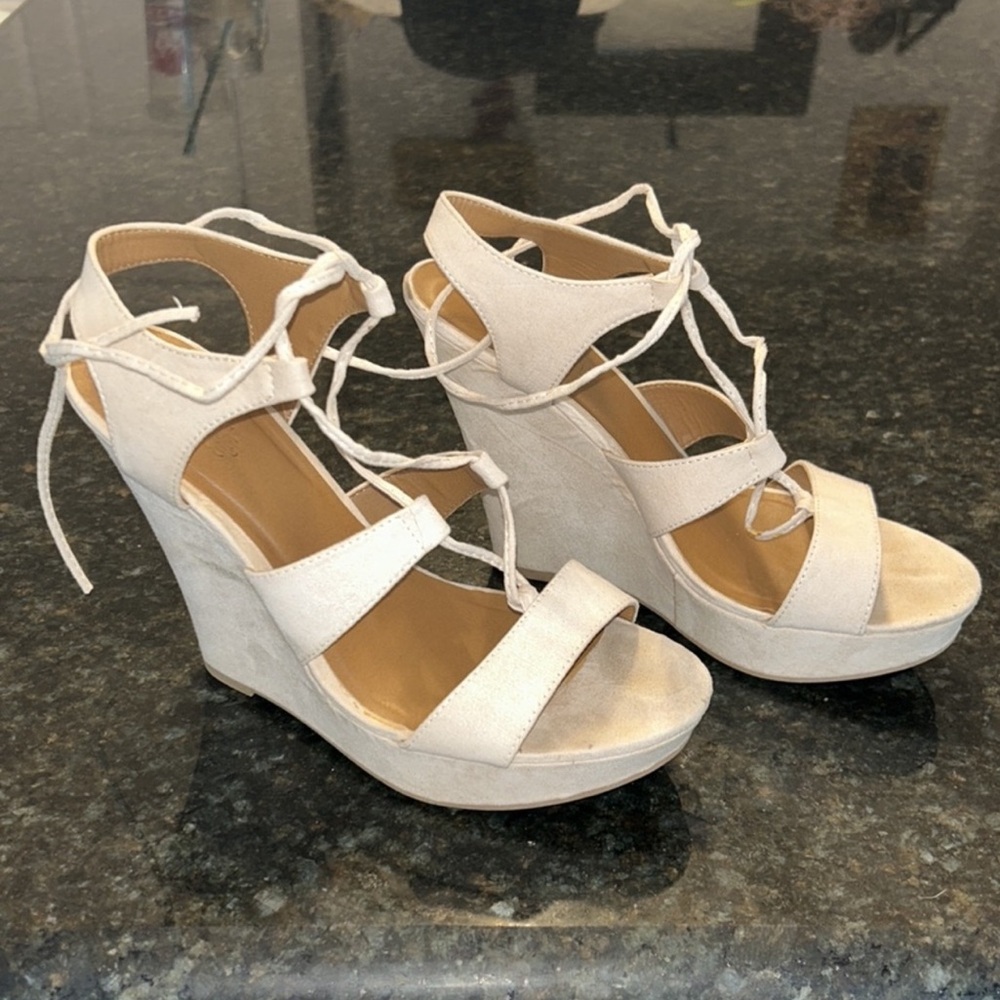 Cream Lace Up Wedges with Straps - Picture 3 of 3